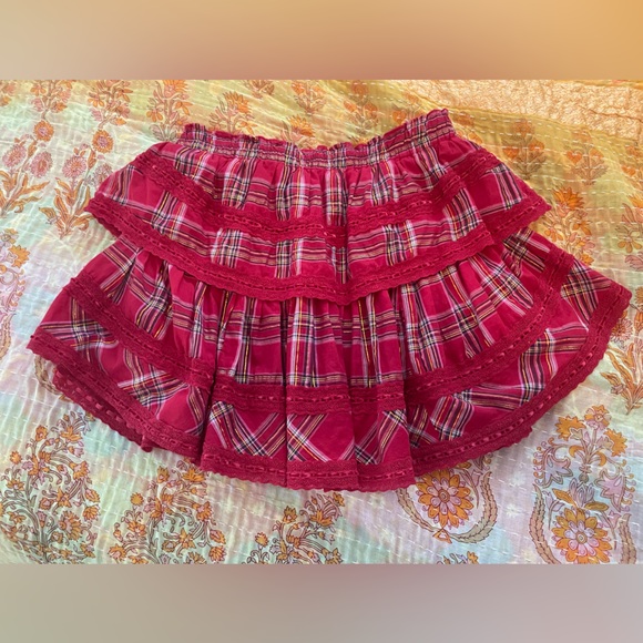 Love Shack Fancy Ruffle Mini  Skirt Medium Red Plaid Lace Ribbon - Picture 3 of 5